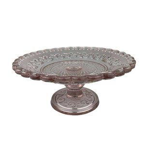 Vtg Pink Pedestal Cake Stand Glass Swirl Scalloped Edge Depression 6.25” Small